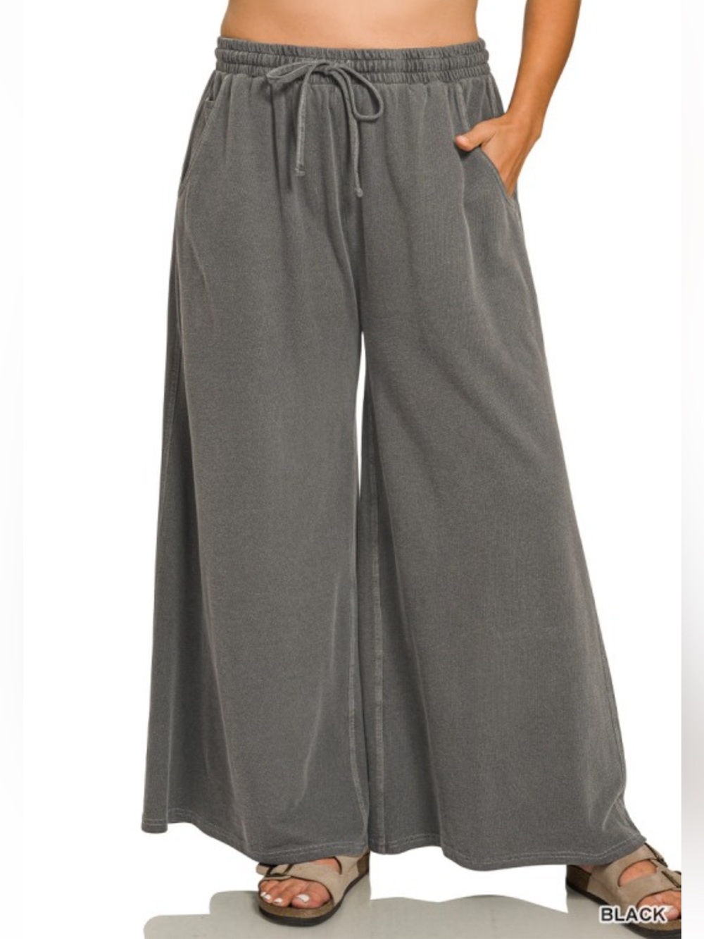 383. Women's Black comfy French Terry Wide-Leg Pants NEW - Picture 3 of 3